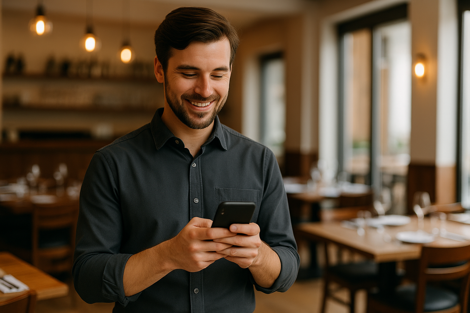 Giovane ristoratore sorridente che gestisce i social media del suo ristorante tramite smartphone